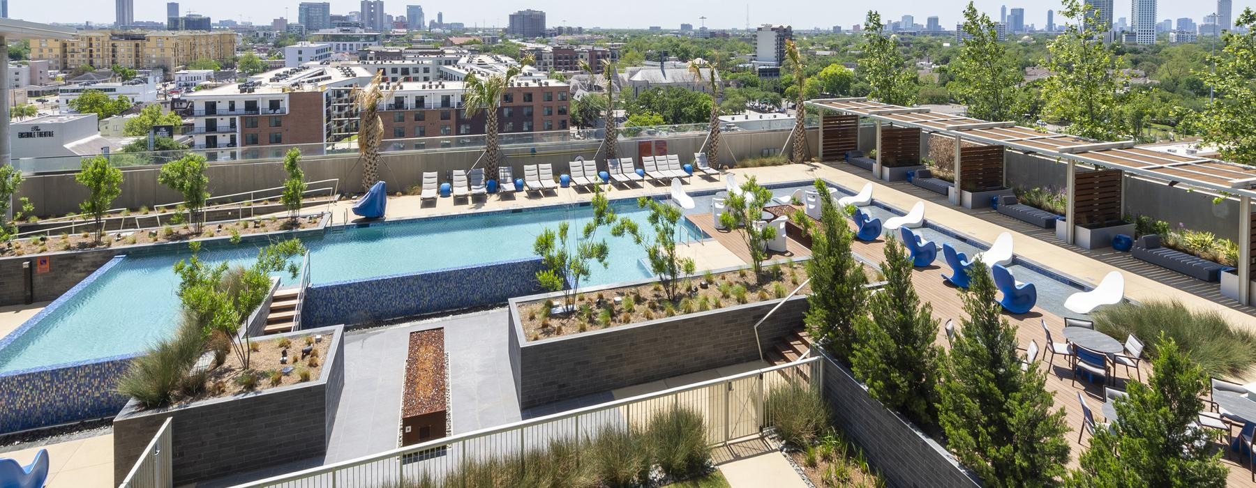 a large swimming pool in a city